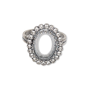 Ring, JBB Findings and crystals, antique silver-plated brass, crystal clear, 20mm wide with 14x10mm oval bezel setting, adjustable from size 7.5-11. Sold individually.