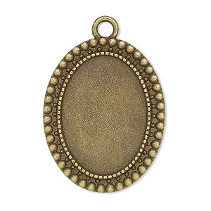 Focal, glue-in, antique brass-finished &quot;pewter&quot; (zinc-based alloy), 32.5x26mm single-sided oval with beaded edge, 25x18mm oval setting. Sold per pkg of 2.