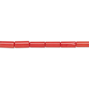 Bead, coral (dyed), red, 6x3mm hand-cut round tube, Mohs hardness 3-1/2 to 4. Sold per 15-1/2&quot; to 16&quot; strand.