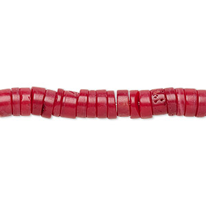 Bead, coral (dyed), red, 6x3mm hand-cut heishi, Mohs hardness 3-1/2 to 4. Sold per 15-1/2&quot; to 16&quot; strand.