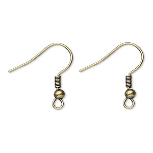 Ear wire, antique brass-plated steel, 19mm fishhook with 3mm ball and 2mm coil with open loop, 22 gauge. Sold per pkg of 50 pairs.