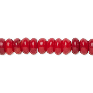 Bead, bamboo coral (dyed), red, 8x3mm-8x4mm hand-cut rondelle, B- grade, Mohs hardness 3-1/2 to 4. Sold per 15-1/2&quot; to 16&quot; strand.