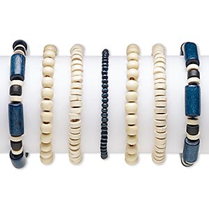 Bracelet, stretch, wood (natural) and painted wood, black and dark blue, 4x3mm-20x9mm assorted shape, 6-1/2 inches. Sold per pkg of 7.