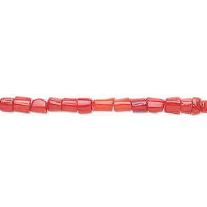Bead, coral (dyed), red, 2x1mm-5x4mm hand-cut freeform tube, Mohs hardness 3-1/2 to 4. Sold per 16-inch strand.