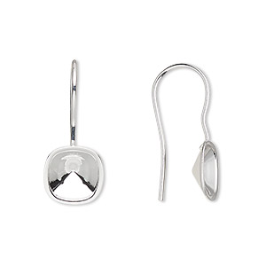 Ear wire, Almost Instant Jewelry&reg;, silver-plated brass, 23mm fishhook with 8mm cushion setting, 20 gauge. Sold per pkg of 2 pairs.
