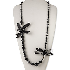 Necklace, organza / acrylic / silver-coated plastic, black, 32-inch continuous loop. Sold individually.