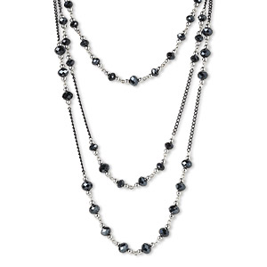  Black Beaded 3 Layer Necklace w/Crystal