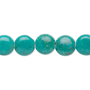 Bead, turquoise (dyed / stabilized), 10mm flat round, B grade, Mohs hardness 5 to 6. Sold per 15-1/2&quot; to 16&quot; strand.
