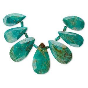 Bead, turquoise (dyed / stabilized), 16x11mm-22x14mm graduated hand-cut faceted teardrop, B grade, Mohs hardness 5 to 6. Sold per 7-piece set.