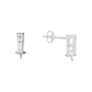 Earstud, sterling silver and cubic zirconia, clear, 13x5mm tapered ...