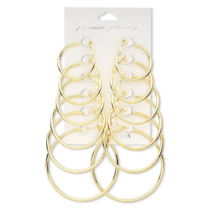 Earring mix, gold-finished steel, mixed sizes, round hoops with hinged closure. Sold per pkg of 6 pairs.