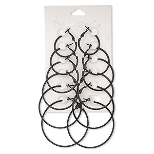 Earring, steel, black, 24-49mm round hoop with hinged closure. Sold per pkg of 6 pairs.
