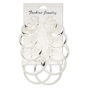 Earring, silver-plated steel, 24-51mm round hoop with hinged closure. Sold per pkg of 6 pairs.