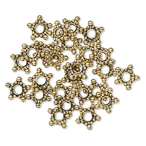 Bead, antique gold-finished &quot;pewter&quot; (zinc-based alloy), 8x3mm star beaded rondelle. Sold per pkg of 24.
