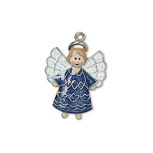 Charm, silver-plated &quot;pewter&quot; (zinc-based alloy) with enamel and glitter, multicolored, 23x18mm single-sided angel. Sold individually.