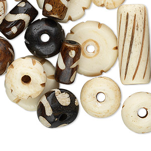Bead mix, bone (dyed / bleached), 7x5mm-14x14mm mixed shape, Mohs hardness 2-1/2. Sold per 50-gram pkg, approximately 60-90 beads.