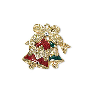 Charm, enamel / crystals / gold-finished &quot;pewter&quot; (zinc-based alloy), crystal clear / red / green, 21.5x21.5mm single-sided bells with a bow. Sold individually.