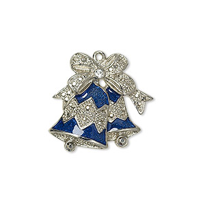 Charm, enamel / crystals / silver-plated &quot;pewter&quot; (zinc-based alloy), blue and crystal clear, 21.5x21.5mm single-sided bells with a bow. Sold individually.