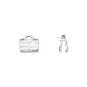 Ribbon crimp end, silver-plated brass, 8x5mm textured rectangle. Sold per pkg of 10.