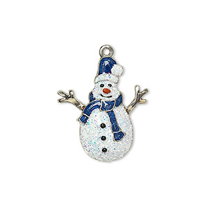 Charm, enamel with silver-plated and gold-finished &quot;pewter&quot; (zinc-based alloy), multicolored with glitter, 22.5x19mm single-sided snowman. Sold individually.