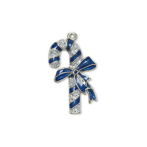 Charm, enamel and silver-plated &quot;pewter&quot; (zinc-based alloy), blue and silver, 23x14mm single-sided candy cane with bow. Sold individually.