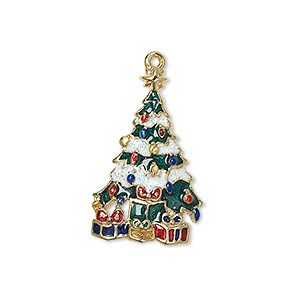 Charm, enamel and gold-finished &quot;pewter&quot; (zinc-based alloy), multicolored with glitter, 26x16.5mm single-sided Christmas tree. Sold individually.