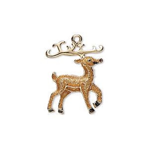Charm, enamel and gold-finished &quot;pewter&quot; (zinc-based alloy), brown / red / black with glitter, 24x17.5mm single-sided reindeer. Sold individually.