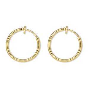 Earring, gold-plated brass, 17mm round hoop with pierced-look spring closure. Sold per pair.