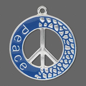 Focal, silver-finished &quot;pewter&quot; (zinc-based alloy) and enamel, blue, 33mm round with single-sided peace symbol and &quot;peace,&quot; 2.5mm loop. Sold per pkg of 2.