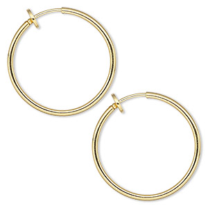 Earring, gold-plated brass, 25mm round hoop with pierced-look spring closure. Sold per pair.