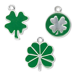 Charm, silver-finished &quot;pewter&quot; (zinc-based alloy) and enamel, green, (2) 15mm coin with single-sided 4-leaf clover, (2) 15x15mm 4-leaf clover and (2) 20x15mm 4-leaf clover with 1.5mm loops. Sold per pkg of 6.