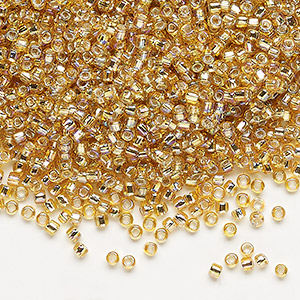 Seed bead, Dyna-Mites&#153;, glass, silver-lined translucent rainbow gold, #11 round with square hole. Sold per 40-gram pkg.