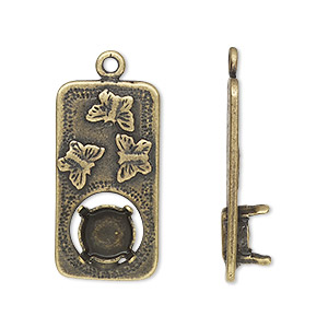 Drop, JBB Findings, antique brass-plated pewter (tin-based alloy), 27x14mm single-sided rectangle with butterfly design and SS39 chaton or rivoli 4-prong setting. Sold individually.
