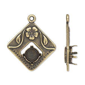 Drop, JBB Findings, antique brass-plated pewter (tin-based alloy), 25mm single-sided diamond with flower design and SS39 chaton or rivoli 4-prong setting. Sold individually.