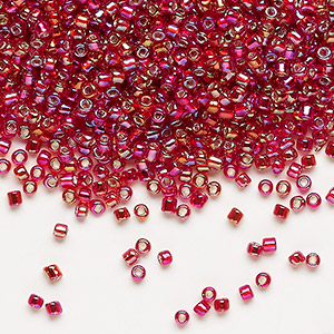 Seed bead, Dyna-Mites&#153;, glass, silver-lined translucent rainbow ruby, #11 round with square hole. Sold per 1/2 kilogram pkg.