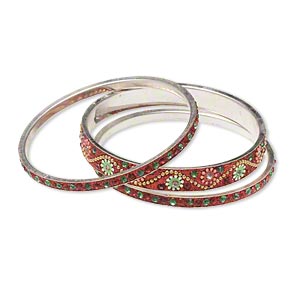 Bracelet set, bangle, aluminum / glass / acrylic, red and multicolored ...