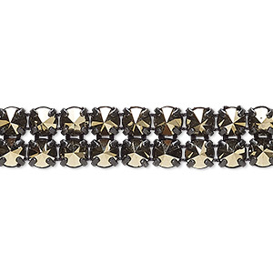 Banding, Preciosa Czech crystal / cotton / black-plated brass, opaque crystal starlight gold and black, 2 rows, 10mm wide with 5mm spike. Sold per pkg of 7-3/4 inches, approximately 80 chatons.