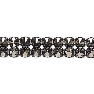 Banding, Preciosa Czech crystal / cotton / black-plated brass, opaque jet silver flare and black, 2 rows, 10mm wide with 5mm spike. Sold per pkg of 7-3/4 inches, approximately 80 chatons.