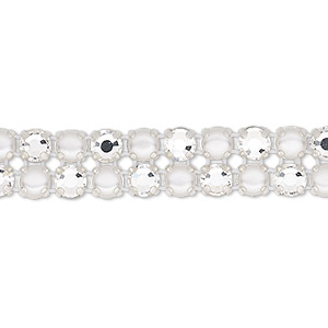 Banding, Preciosa Rose Viva 12&reg; Czech crystal / glass pearl / cotton cord / silver-plated brass, opaque white and transparent crystal clear, 2 rows, 10mm wide with 4.5mm round. Sold per pkg of 7-3/4 inches, approximately 40 chatons and 40 cabochons.