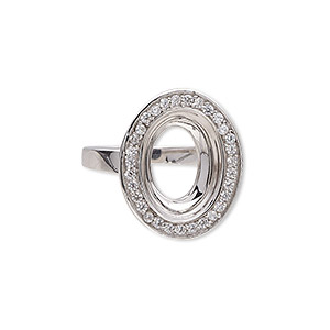 Ring, Almost Instant Jewelry&reg;, rhodium-plated sterling silver and cubic zirconia, clear, 20mm wide with 14x10mm oval glue-in setting, size 7. Sold individually.