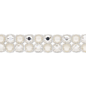 Banding, Preciosa Rose Viva 12&reg; Czech crystal / glass pearl / cotton cord / silver-plated brass, opaque cream / white / transparent crystal argent flare, 2 rows, 10mm wide with 4.5mm round. Sold per pkg of 7-3/4 inches, approximately 40 chatons and 40 cabochons.
