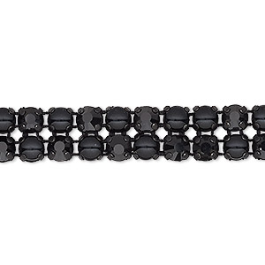 Banding, Preciosa Rose Viva 12&reg; Czech crystal / glass pearl / cotton cord / black-plated brass, opaque black and jet, 2 rows, 10mm wide with 4.5mm round. Sold per pkg of 7-3/4 inches, approximately 40 chatons and 40 cabochons.