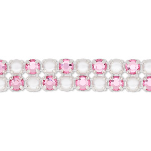 Banding, Preciosa Rose Viva 12&reg; Czech crystal / glass pearl / cotton cord / silver-plated brass, opaque white and transparent rose, 2 rows, 10mm wide with 4.5mm round. Sold per pkg of 7-3/4 inches, approximately 40 chatons and 40 cabochons.