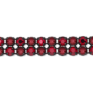 Banding, Preciosa Rose Viva 12&reg; Czech crystal / glass pearl / cotton cord / black-plated brass, opaque Bordeaux / black / translucent Siam, 2 rows, 10mm wide with 4.5mm round. Sold per pkg of 7-3/4 inches, approximately 40 chatons and 40 cabochons.