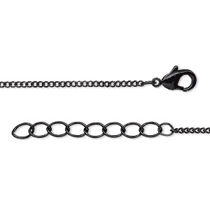 Chain, black-finished brass, 1mm curb, 18 inches with 1-1/4 inch extender chain and lobster claw clasp. Sold individually.