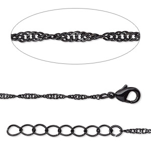 Chain, black-finished brass, 1mm Singapore, 18 inches with 1-inch extender chain and lobster claw clasp. Sold individually.