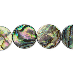 Bead, paua shell and resin (assembled), 15mm flat round. Sold per 15-1/2&quot; to 16&quot; strand.