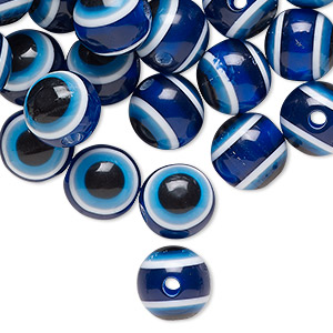 Bead, resin, blue and multicolored, 10mm round with wards off the evil eye design. Sold per pkg of 100.