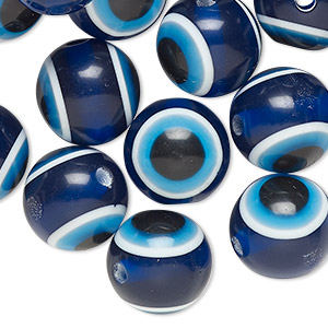 Bead, laminated resin, blue and multicolored, 14mm round with wards off the evil eye design. Sold per pkg of 40.