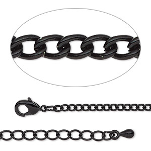 Chain, black-finished steel and brass, 2.2mm curb, 18 inches with 2-inch extender chain and lobster claw clasp. Sold individually.